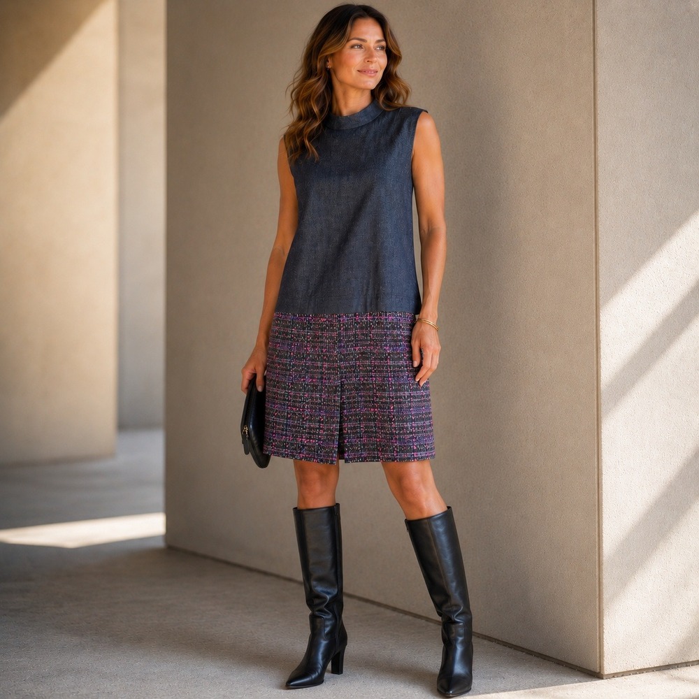 Halogen Shift Dress Mixed Media Tweed Mock Neck Grey Pink Large